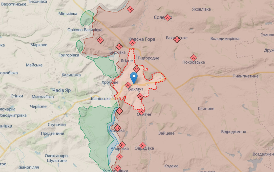 Фронт в районі Бахмута (Мапа: DeepState)