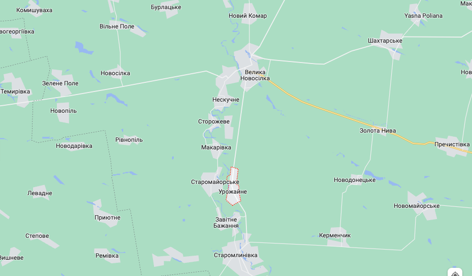 Урожайне відмічено червоним (Карта: googlemaps.com)