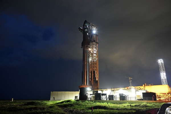 A SpaceX Starship rocket is prepared for launch on its 10th flight test from Launch Complex 1 at Starbase, Texas, on Sunday. Photo by Joe Marino/UPI