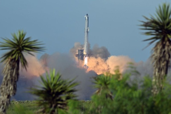 A SpaceX Starship rocket launches at 6:30 PM CDT on its tenth flight test from Launch Complex 1 at Starbase, Texas, on Tuesday. Photo by Joe Marino/UPI