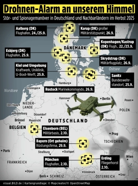 Німецька газета Bild надає карту відвідувань дронів у Європі. І це стосується не лише аеропортів.