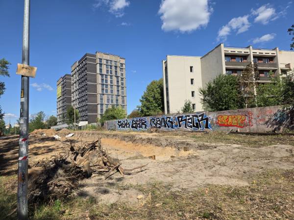 Пустир на місці знищеного парку-скверу на Теремках. Видно, як копають траншею. Перед нею викорчуване коріння дерев