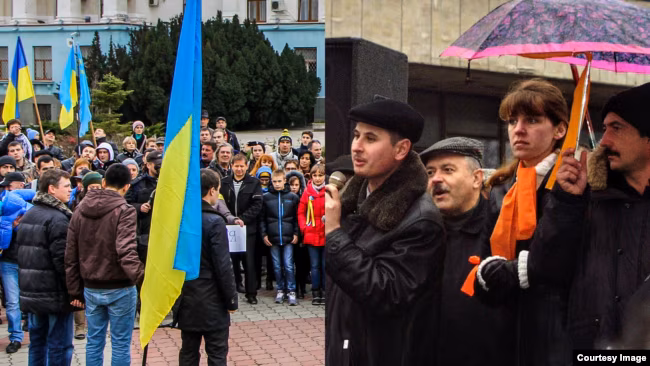 Акції учасників протестів у Сімферополі. Мітинг прихильників «Євромайдан-Крим» (ліворуч) і мітинг прихильників Помаранчевої революції (праворуч). Колаж